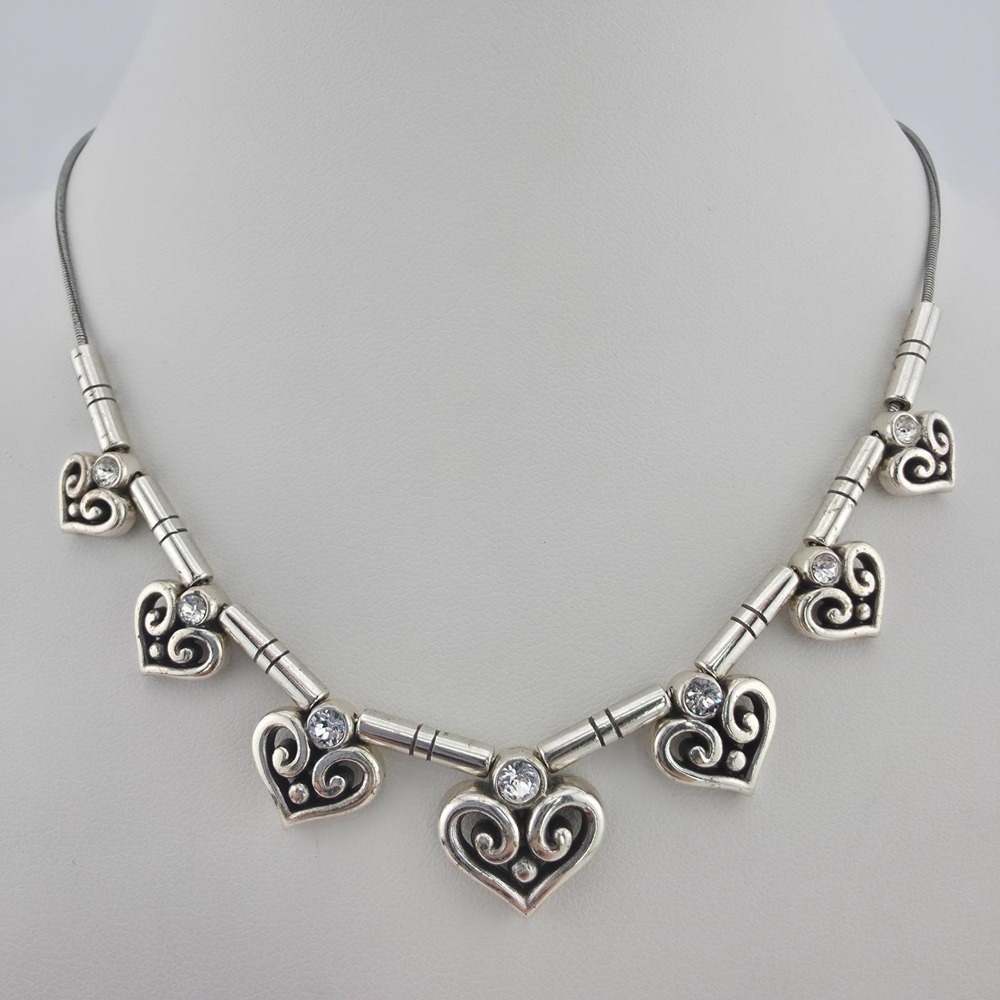 BRIGHTON 'Alcazar' Slider Necklace Ornate Crystal Scroll Hearts Silver Plate 18"